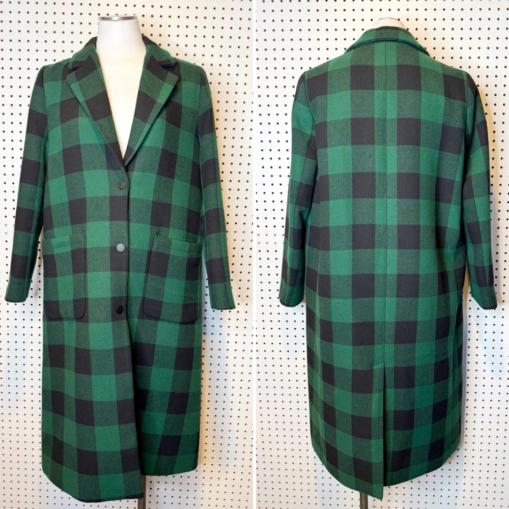 MANGO | Checked Structured Coat, Oversized Fit Long Green and Black Plaid Sz. S